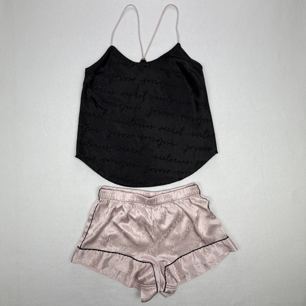 Victorias Secret Satin Cami and Ruffle Shorts Pajama Set Black Pink XS
